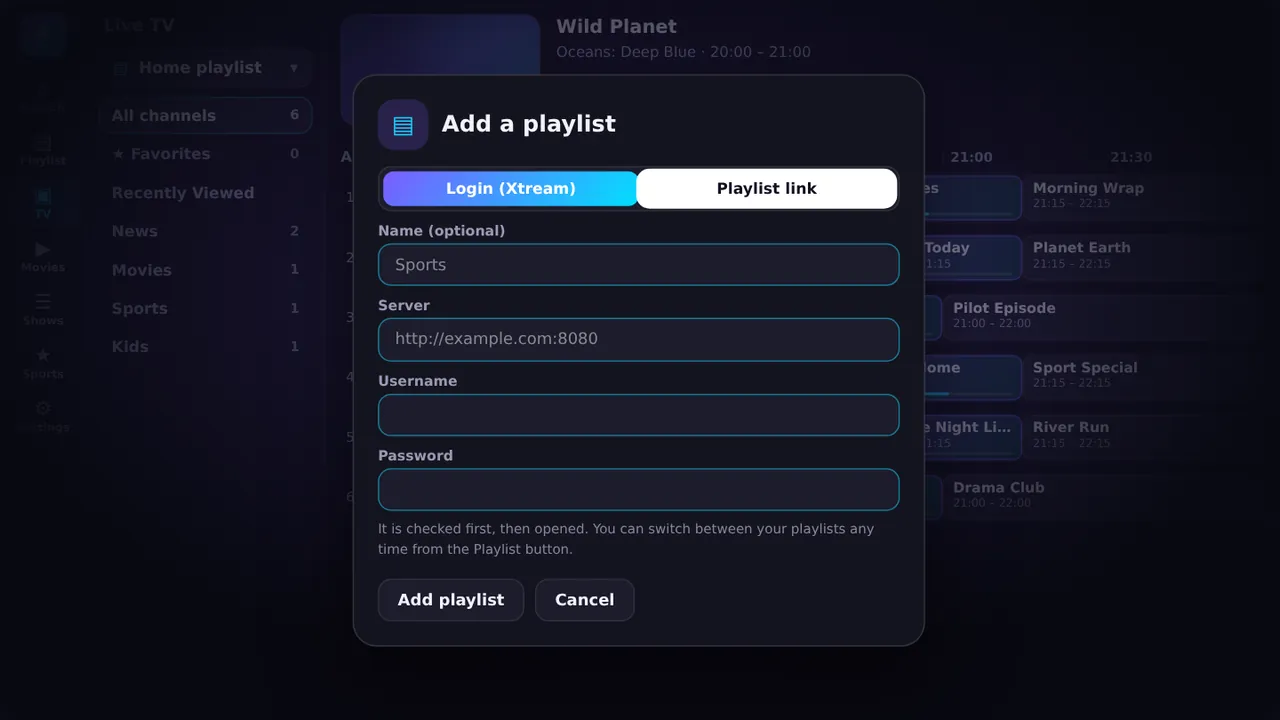 The Add a playlist dialog
