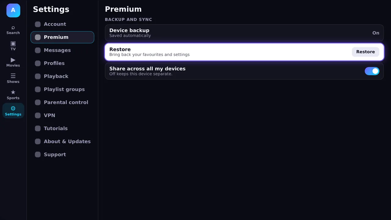 Premium backup and restore settings