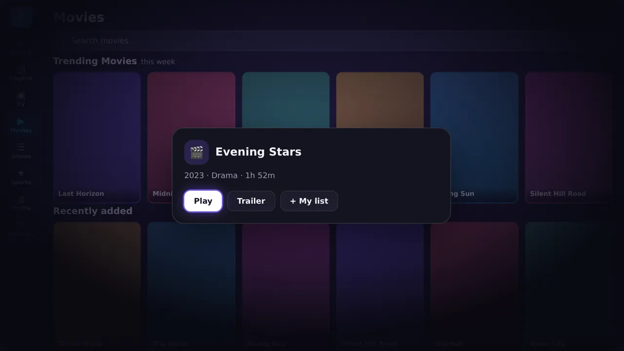 A movie detail dialog with Play, Trailer and My list